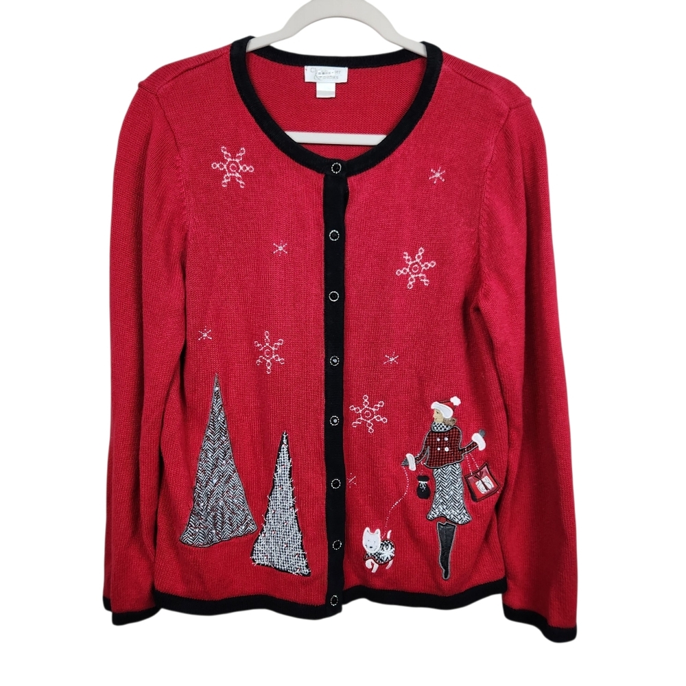 Christopher & Banks Christmas Cardigan Sweater Shopper and Dog Womens Size L
